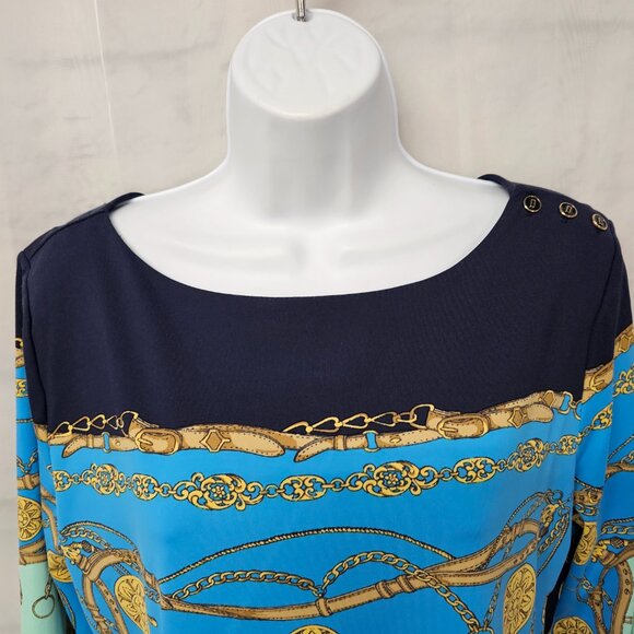 Charter Club Blouse Blue Black Equestrian Preppy Casual M - Picture 3 of 13